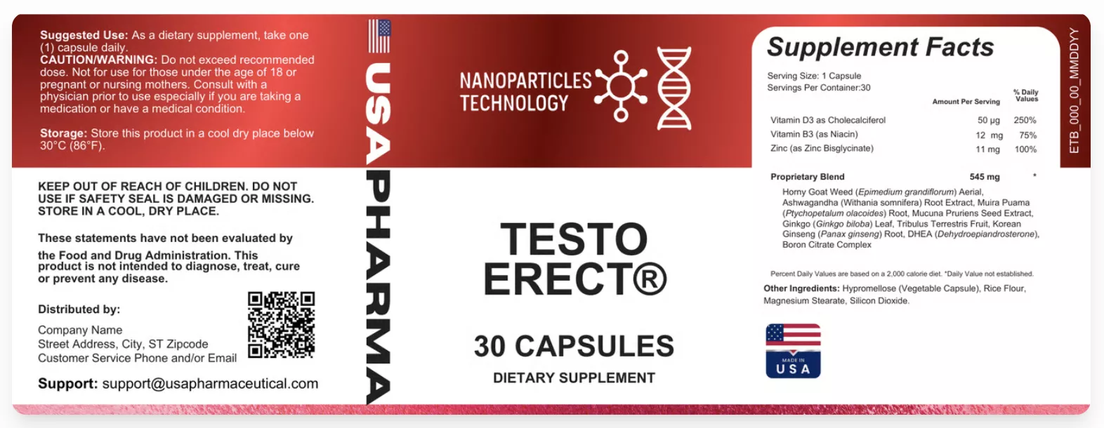 TestoErect Full Supplement Facts Panel and Ingredient Label